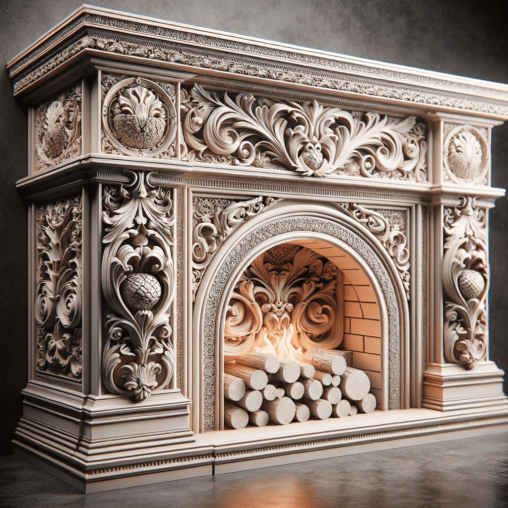 An elaborately carved fireplace hearth with intricate floral and classical motifs, featuring a rounded arch over a stack of logs, set against a dark background.