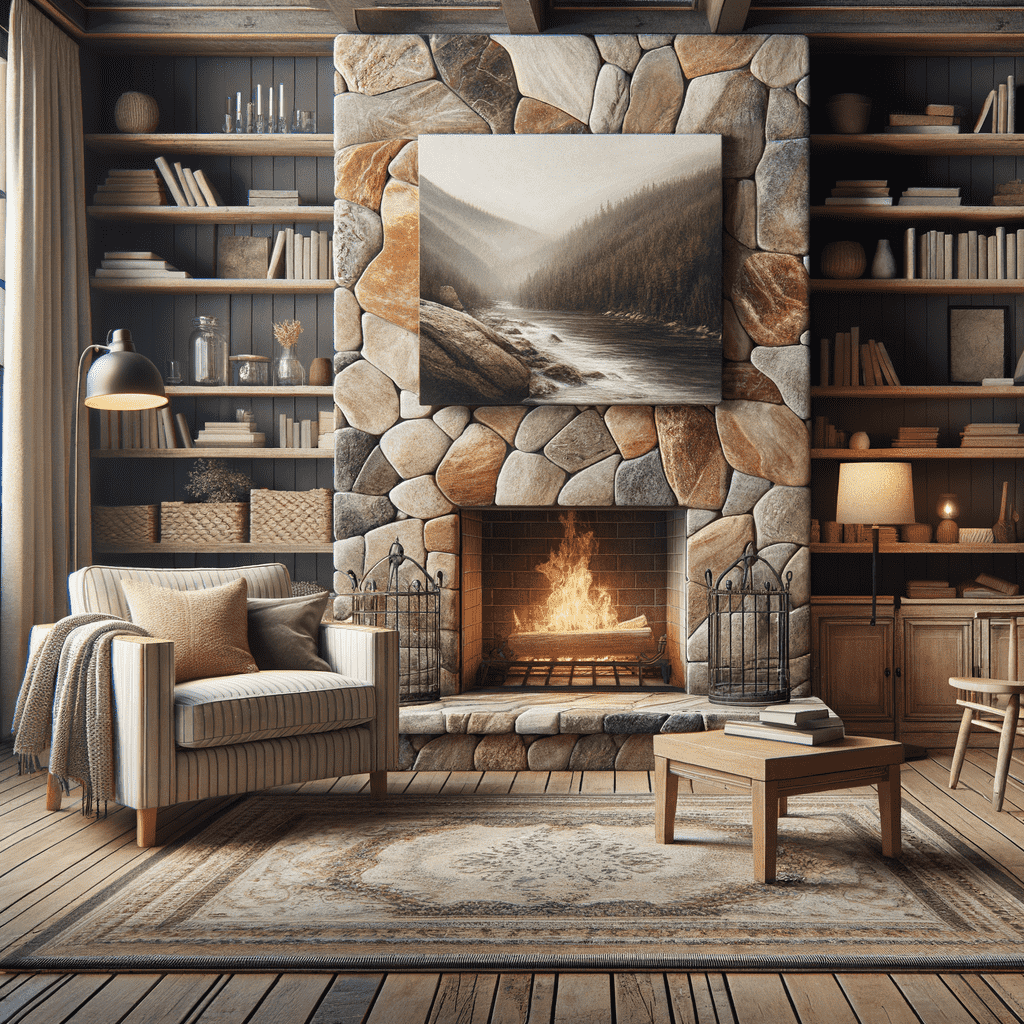 A cozy room featuring a stone fireplace with a roaring fire, a large painting above it, and wood-filled bookshelves on either side. A comfortable chair with a throw blanket is situated nearby, flanked by a small table with a lamp, and a patterned rug lies on the wooden floor.