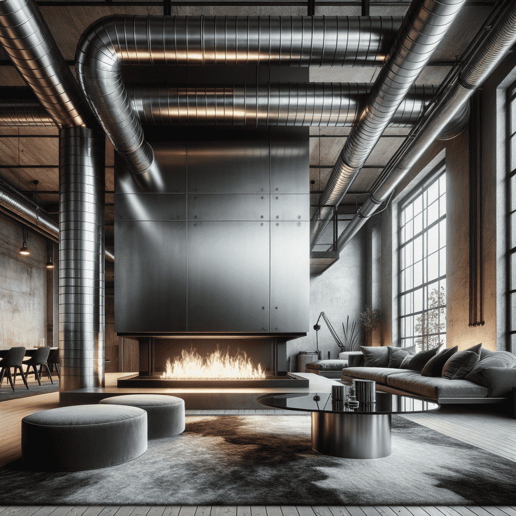 Modern industrial-style living room with a long, rectangular gas fireplace set into a minimalist hearth, flanked by exposed ductwork and large windows, complemented by sleek furniture.