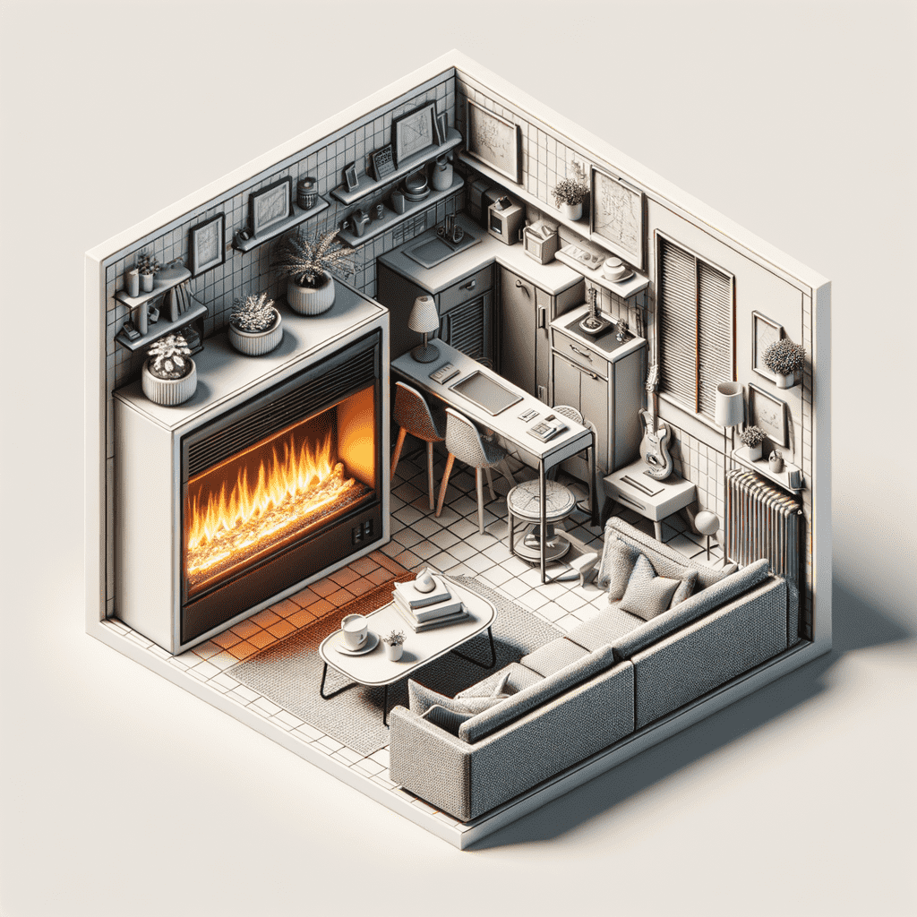 An isometric illustration of a cozy room with a modern fireplace hearth, featuring a sectional sofa, a small study area, and home decorations, with a warm fire glowing.