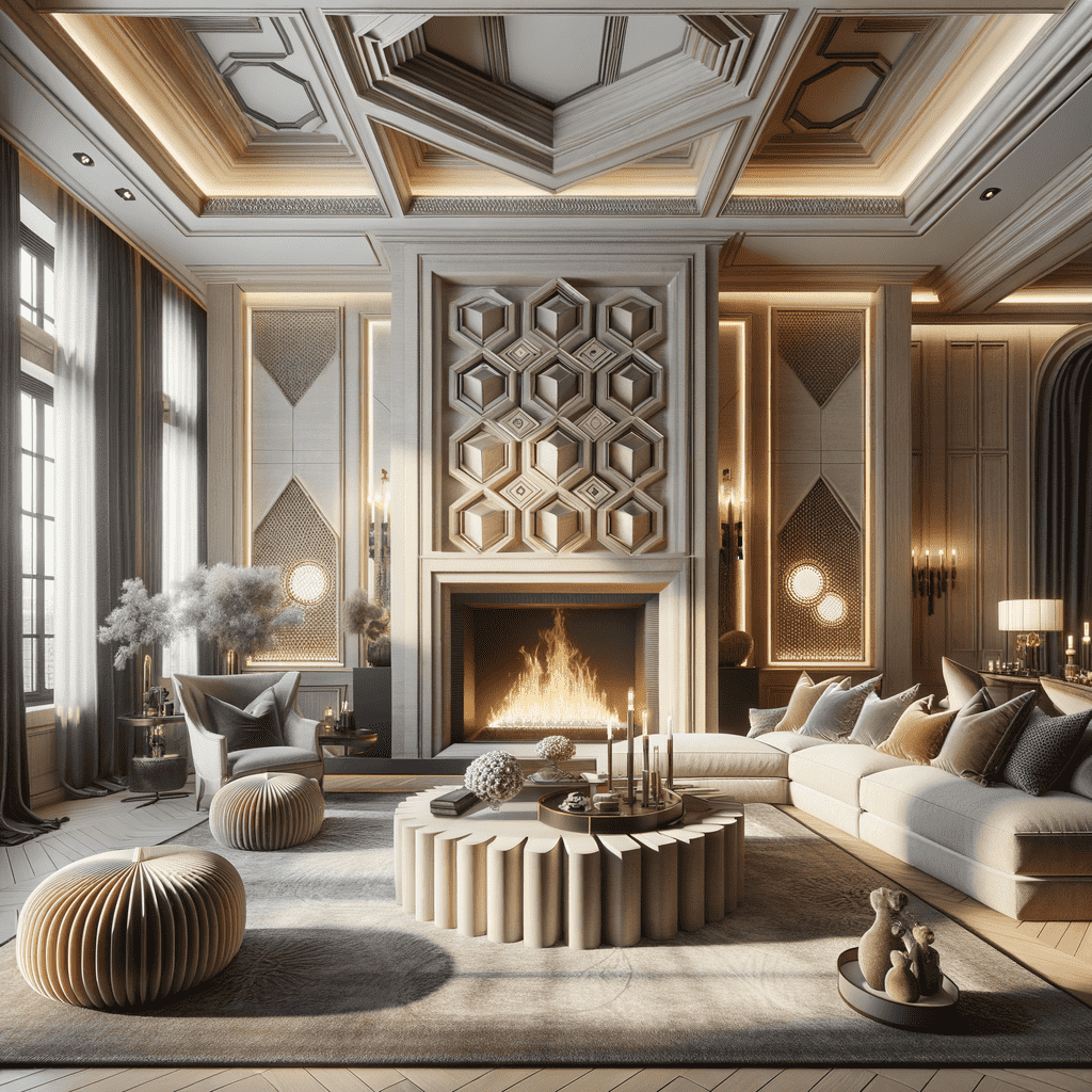 An elegant living room with a luxurious fireplace hearth, featuring ornate geometric designs and a cozy fire, surrounded by plush seating and chic decor.