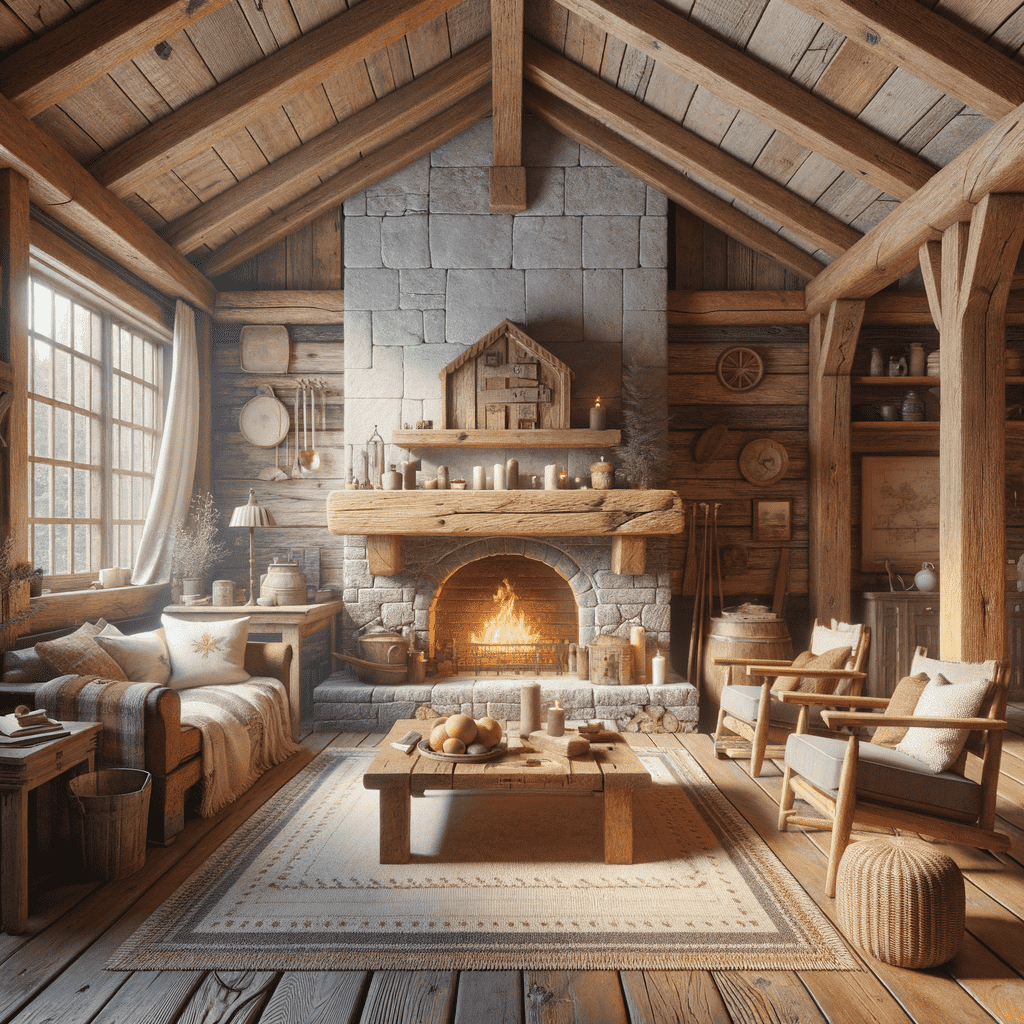 A cozy, rustic cabin interior with a stone fireplace hearth, a roaring fire, exposed wooden beams, a plush seating area, and warm lighting, creating a comfortable and inviting atmosphere.