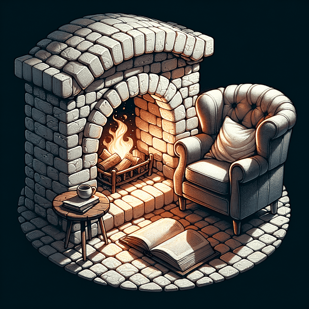 Illustration of a cozy corner with an arched stone fireplace lit with a warm fire, a comfortable armchair to the side, a small round table with a hot beverage, and an open book on the rug in front.