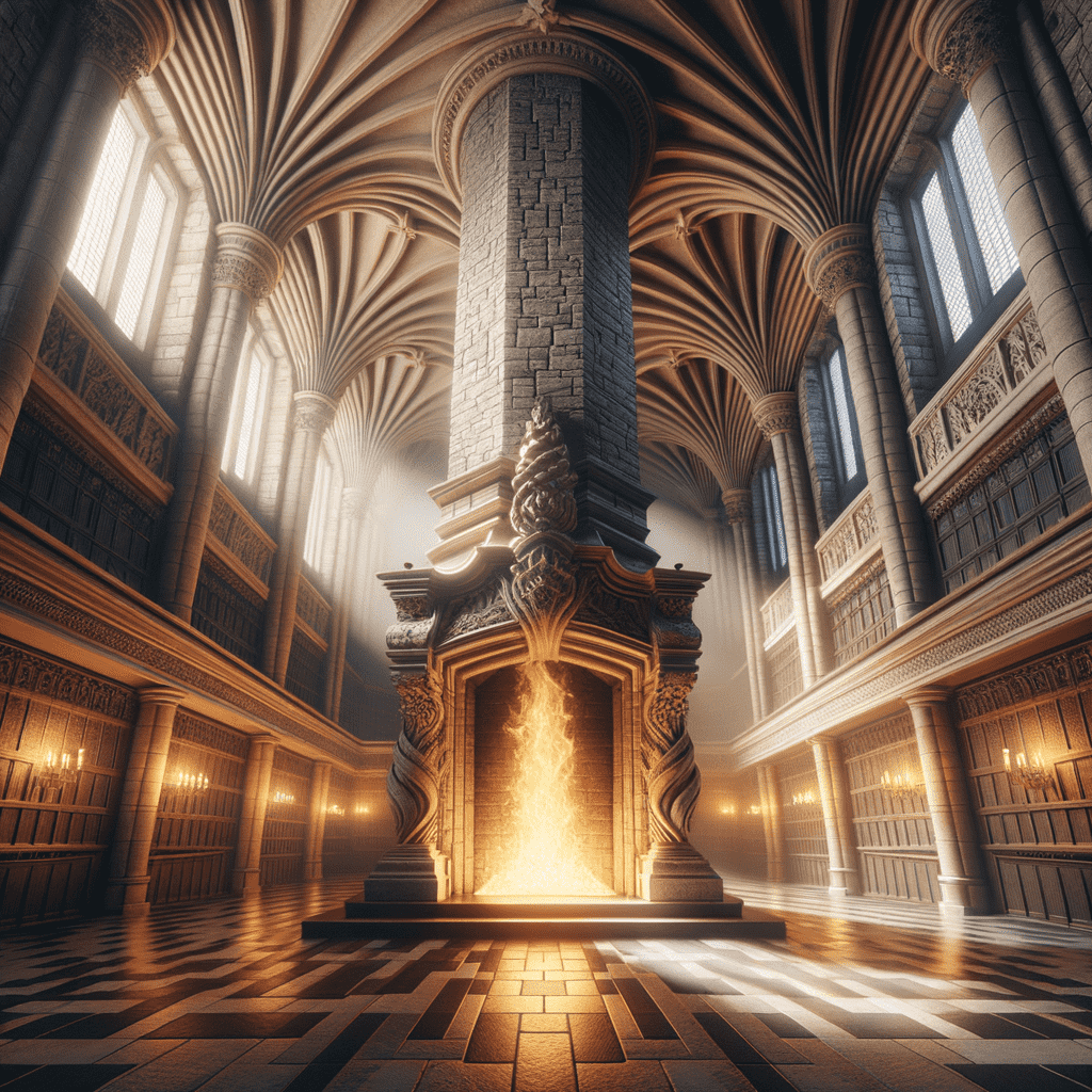 An ornate fireplace in a grand, cathedral-like room with high vaulted ceilings, detailed columns, and a warm, glowing fire.