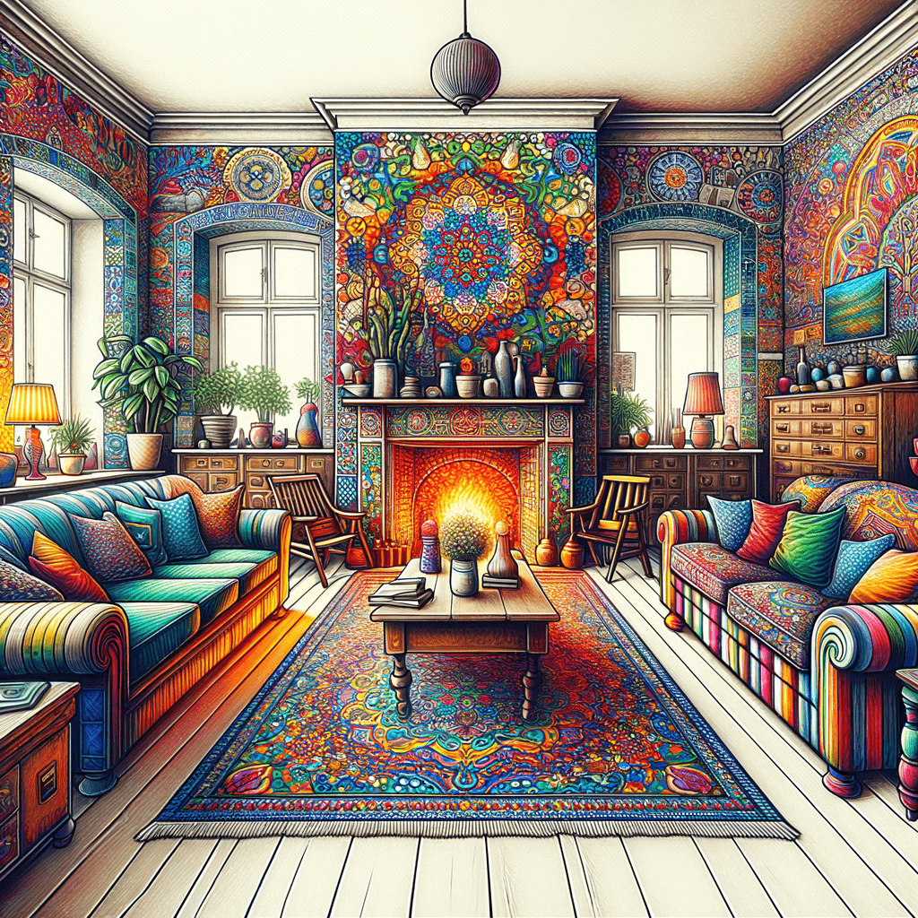 A colorfully decorated room with a vibrant, bohemian design, featuring a mosaic-tiled fireplace at the center of a patterned wall, surrounded by eclectic furniture and a variety of houseplants by the windows.