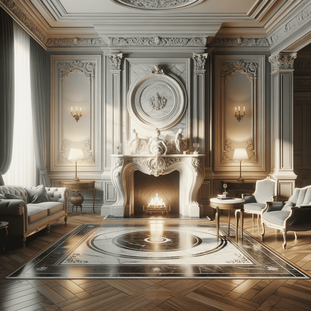 An elegant living room with a classic design featuring a large, ornate fireplace with a lit fire, surrounded by elaborate wall paneling and decorative moldings. The room is furnished with sophisticated sofas and chairs, and illuminated by wall sconces. The floor has an intricate circular design that complements the stately ambiance.