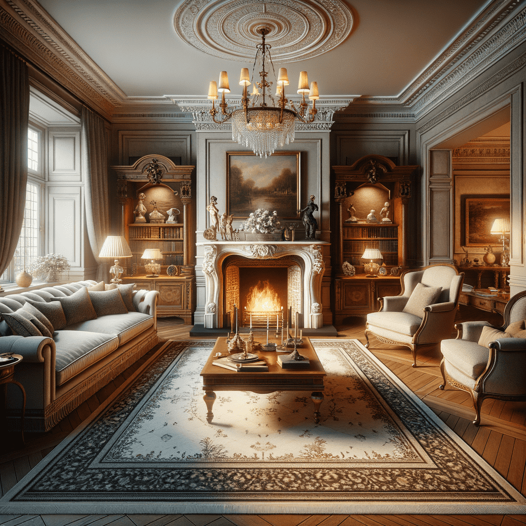 An elegant traditional living room with a lit fireplace, ornate chandelier, classic furniture, decorative moldings, and a large patterned area rug.