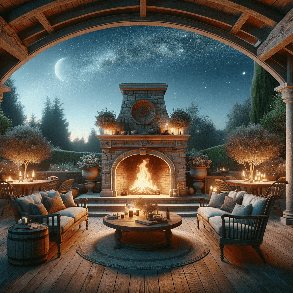 An open patio with a cozy seating area centered around an ornate stone fireplace under a night sky with stars and a crescent moon, flanked by lush topiaries and a wood-beamed archway.
