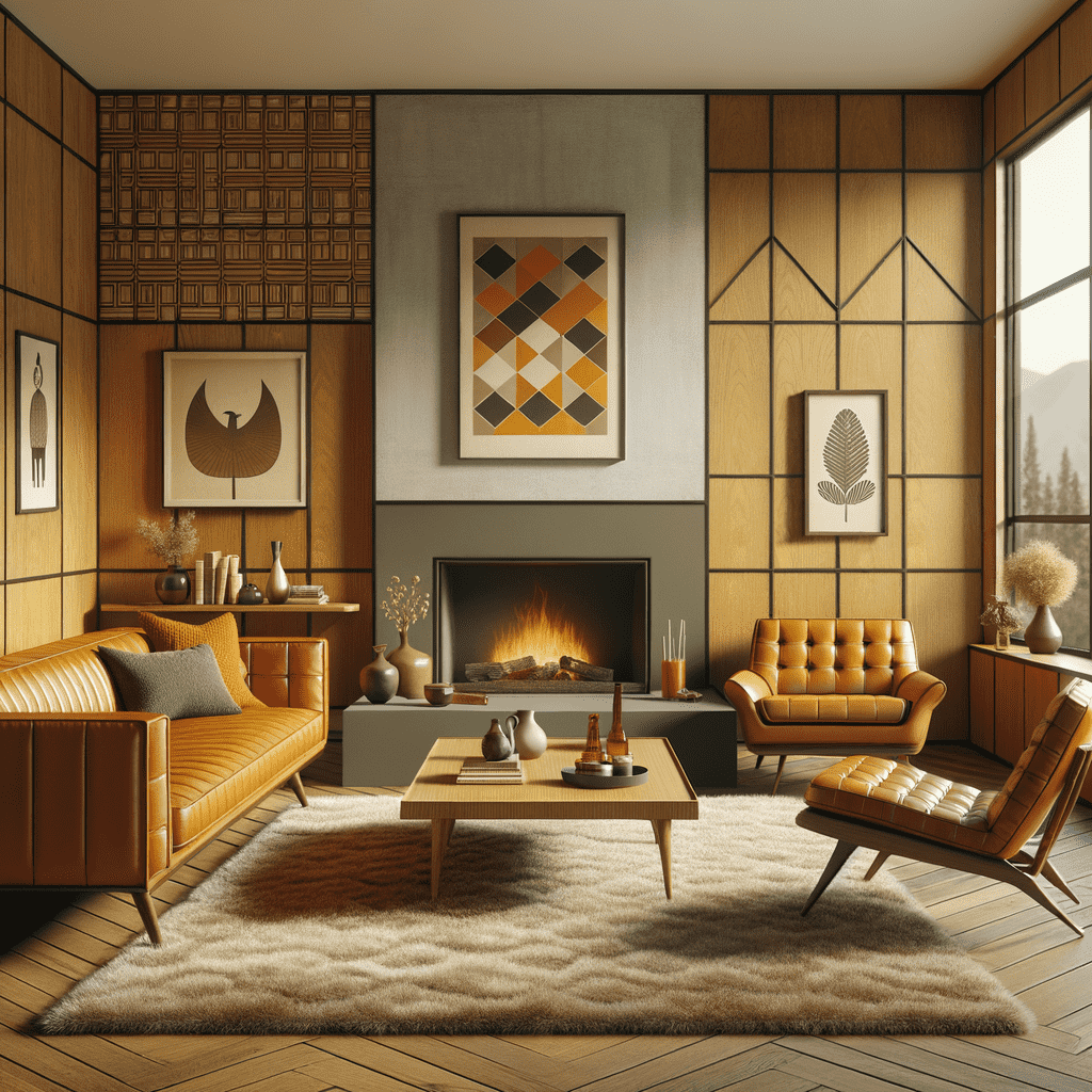 A cozy modern living room with a stylish fireplace hearth centerpiece, flanked by rich wooden paneling and mid-century furniture.