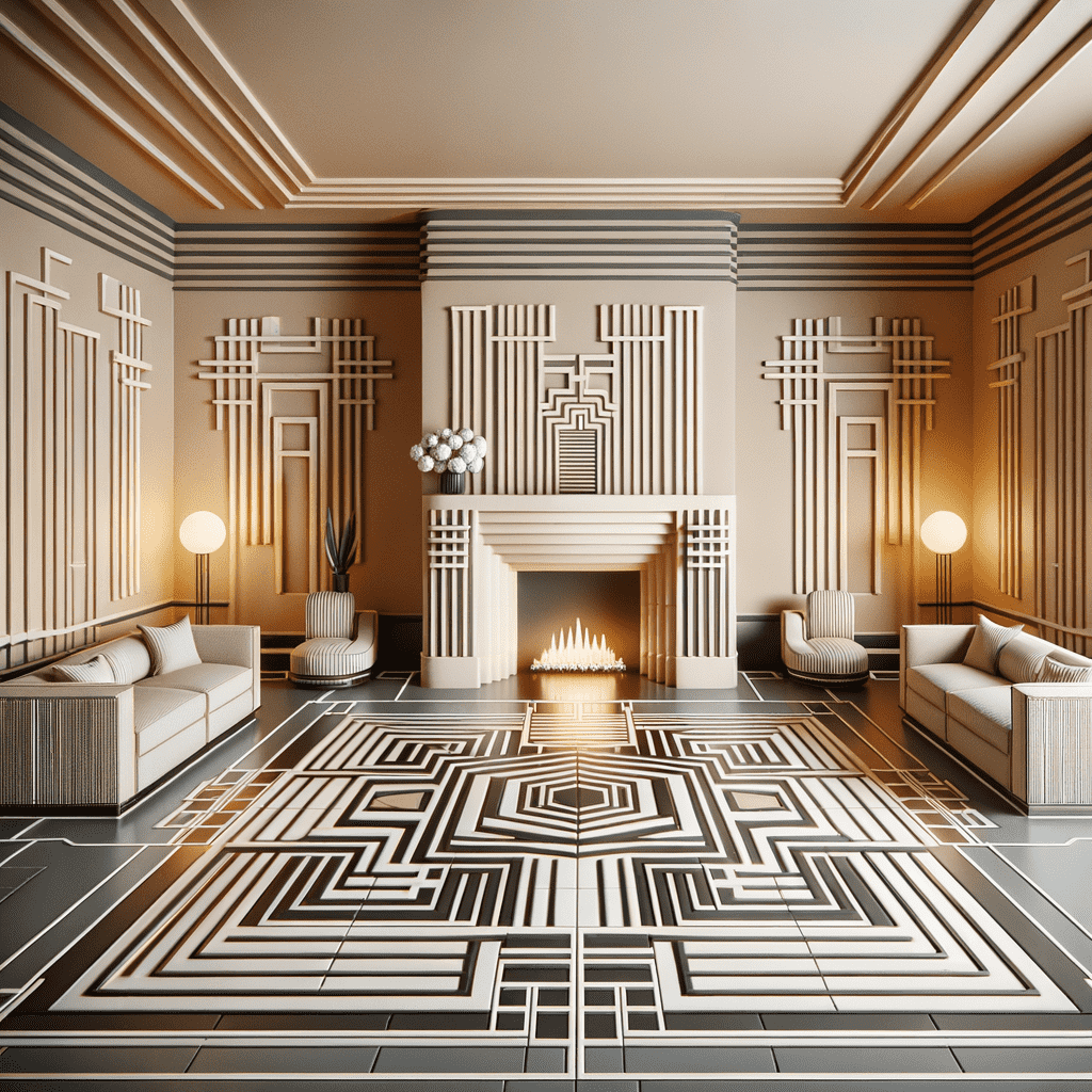 A luxurious art deco style room with symmetrical geometric patterns on the walls, floor, and fireplace hearth, which has a lit fire. Two elegant sofas face each other across the patterned floor, flanking the fireplace.