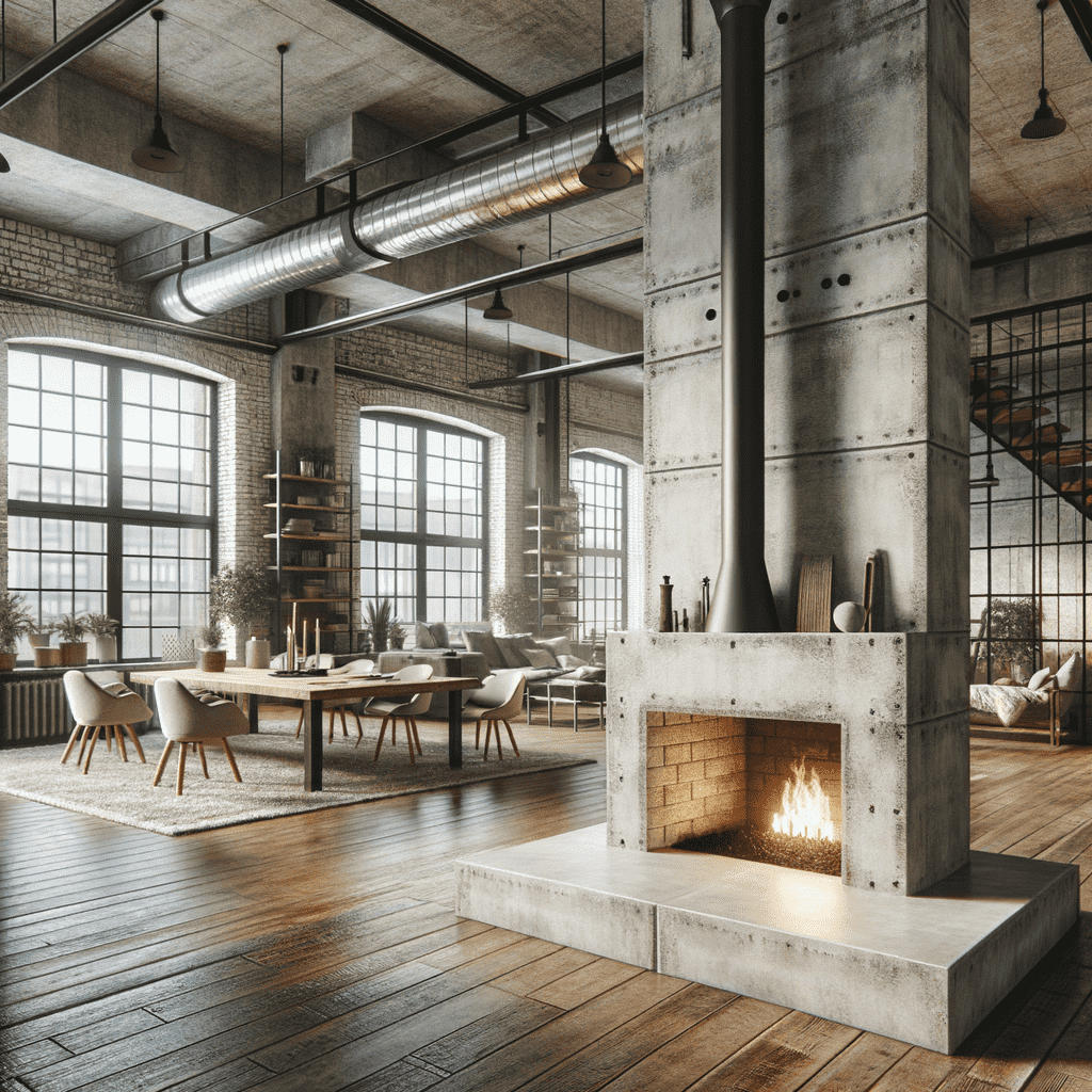 A modern industrial-style living room with a large fireplace hearth made of concrete, featuring an open fire and a neat stack of firewood to the side. The room is spacious with high ceilings, exposed ductwork, large windows, and a mix of contemporary furniture.