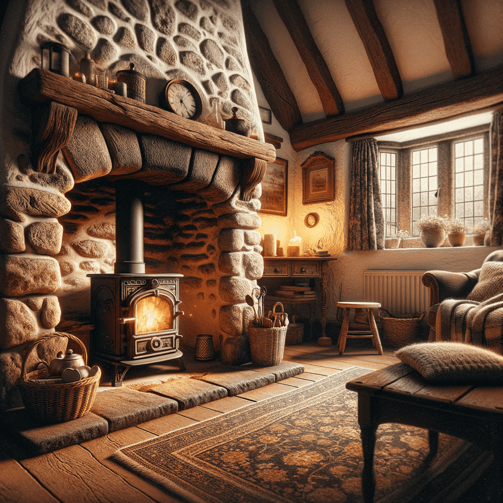 A cozy room with a rustic stone fireplace hearth featuring a wood-burning stove, flanked by warm seating and adorned with quaint decorations.