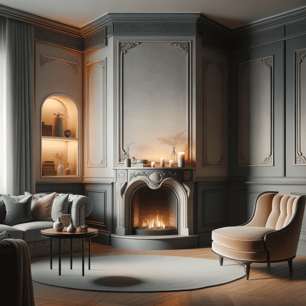 An elegant room with a classic fireplace at the center of a panelled wall, complemented by lit candles on the mantel and tasteful furniture creating a cozy ambiance.