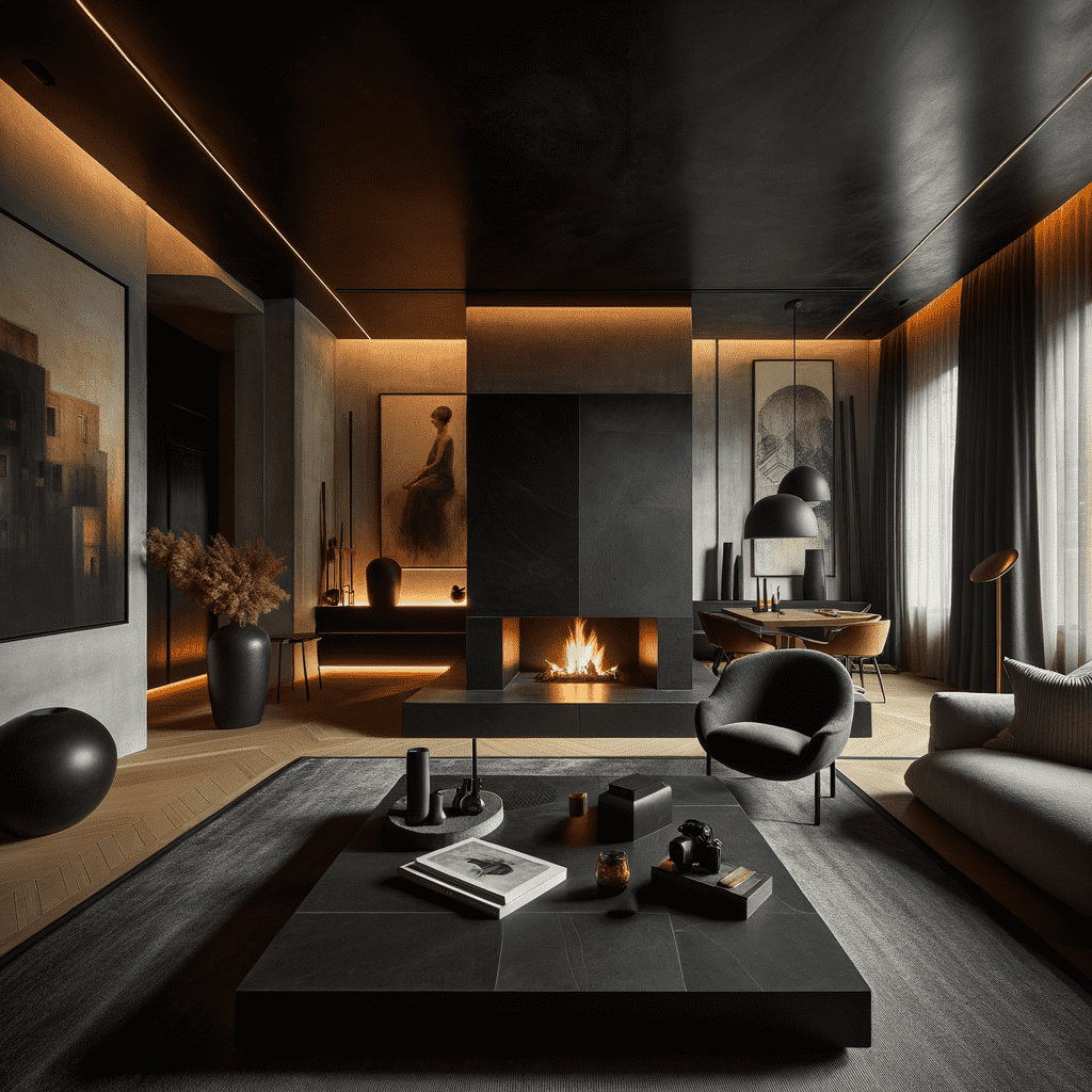 A modern living room featuring a sleek fireplace built into a dark, textured wall with a flame visible. The room has warm ambient lighting, contemporary furniture, and artistic decor, creating an elegant and cozy atmosphere.