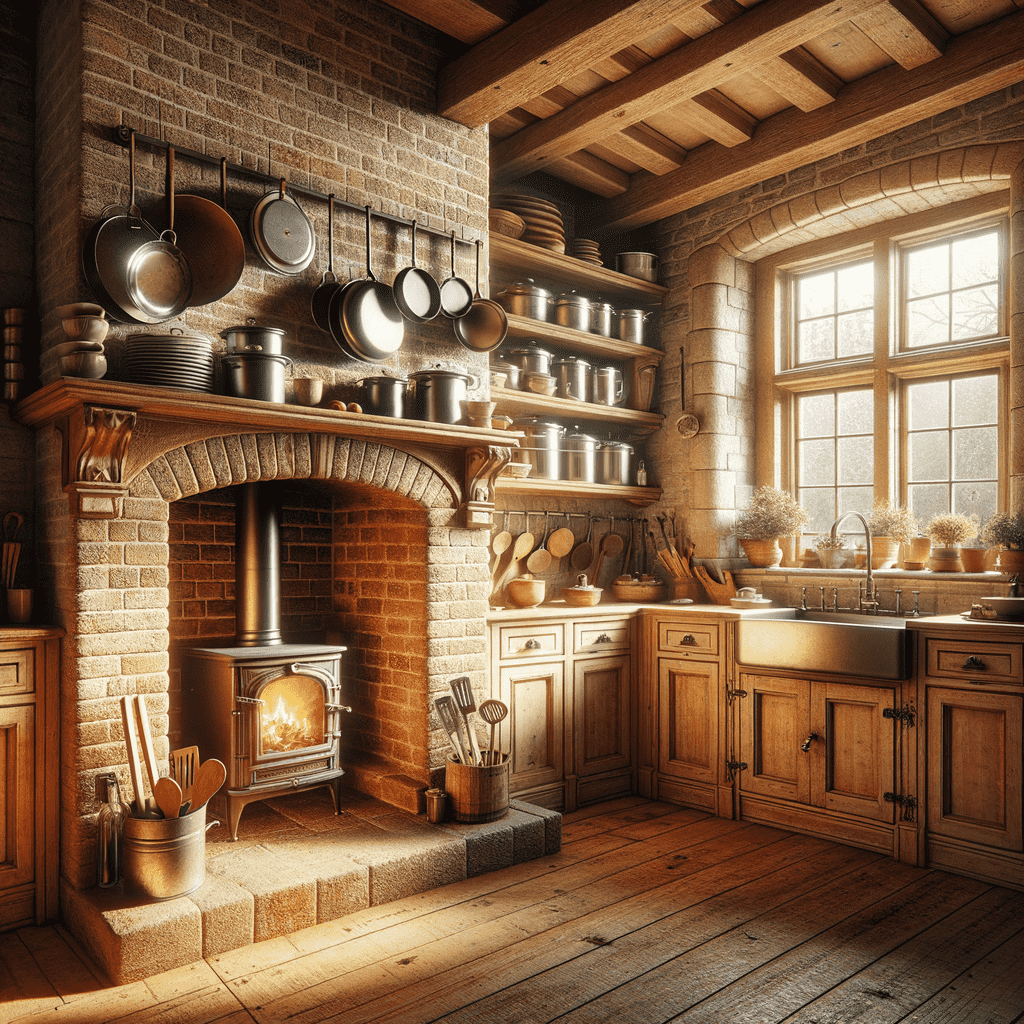 A cozy kitchen with a warm fireplace, exposed brick, wooden beams, and rustic cabinetry, adorned with hanging pots and utensils.