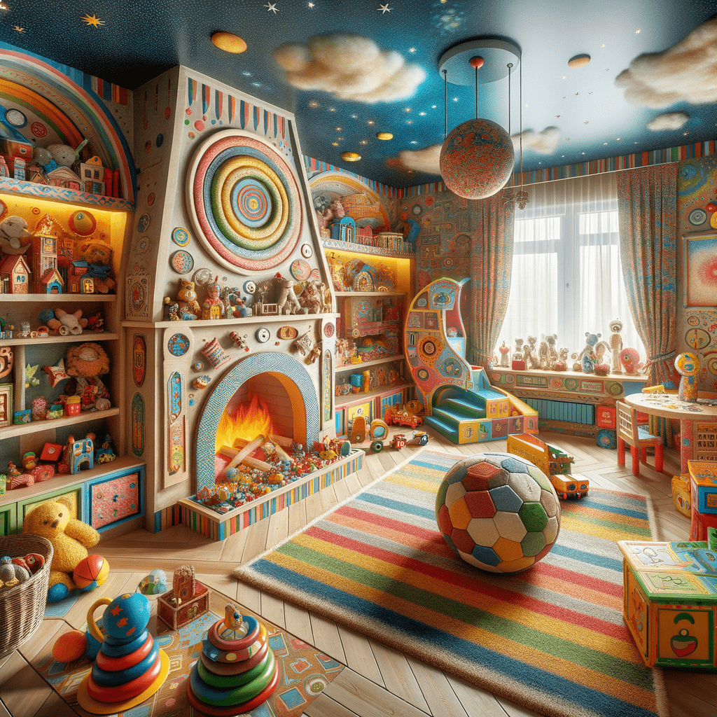 An imaginative and colorful children's playroom with a whimsical fireplace hearth surrounded by shelves filled with toys, plush animals, and books, under a ceiling painted with stars and planets. A cozy rug and scattered toys, including a soccer ball, are on the floor, adding to the room's playful atmosphere.