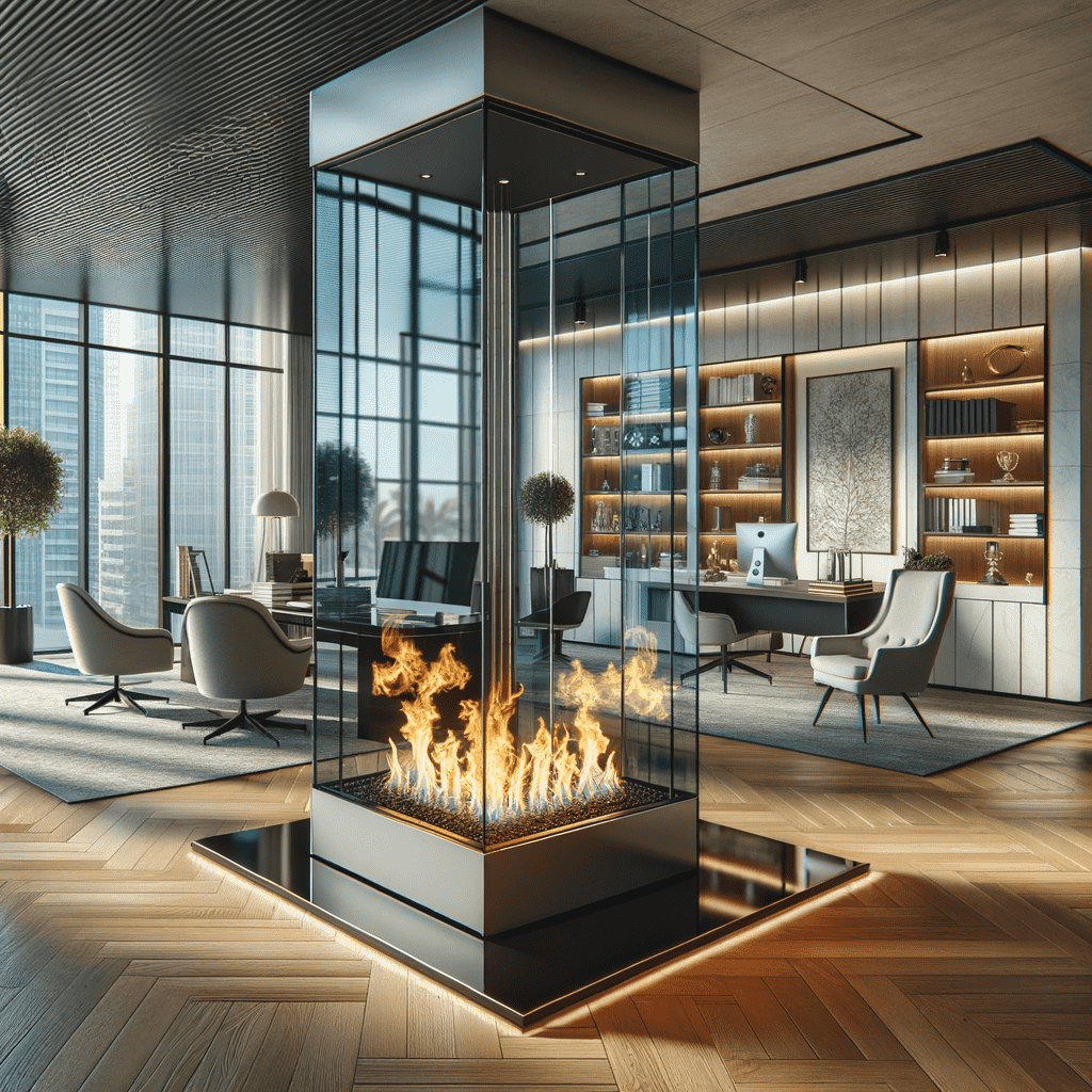 Modern living room with a central, glass-enclosed fireplace hearth on a reflective black base, wooden floors, floor-to-ceiling windows, and stylish furniture.
