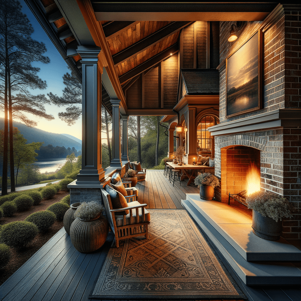 An inviting porch with a cozy brick fireplace, comfortable seating, and tranquil lake views during twilight.