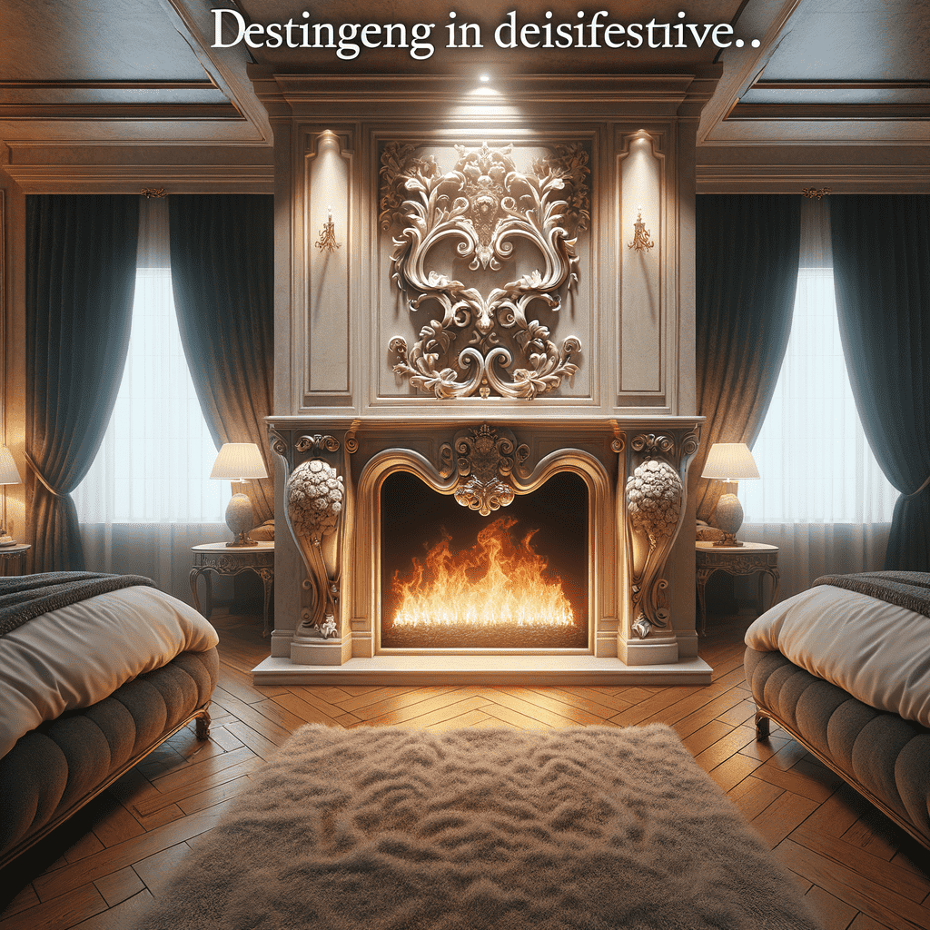 An elegant room with a large fireplace with a roaring fire. The fireplace has an ornate design with decorative moldings and is flanked by classical columns. Lush curtains frame the windows on either side, and two chaise lounges face the hearth. The room is warmly lit, creating a cozy and luxurious atmosphere. A text overlay at the top of the image reads "Destineng in deisfestive" in a decorative font.