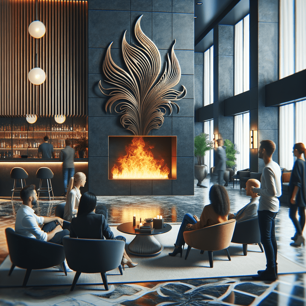 A contemporary lounge with people socializing around a central fireplace with an artistic, flame-like wall feature above it.