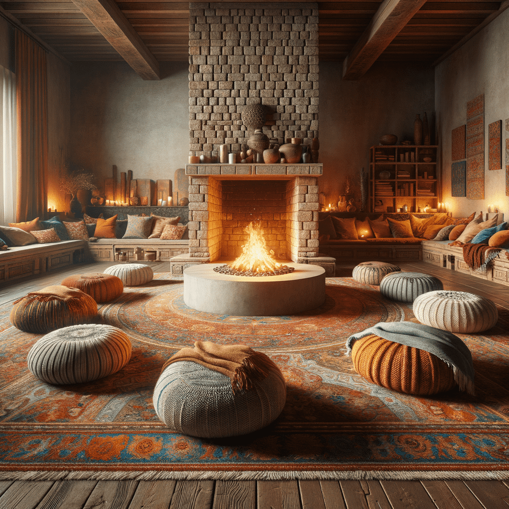 A cozy room featuring a circular brick fireplace hearth with a roaring fire, surrounded by comfortable seating, including cushioned benches and knitted poufs, with warm lighting and rustic decor enhancing the welcoming ambiance.