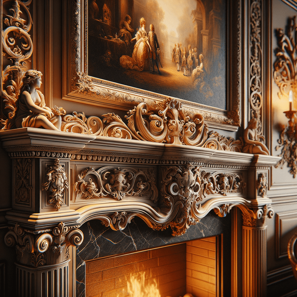 An ornate, classical fireplace with a detailed wooden mantel featuring intricate carvings and a marble surround. A cozy fire burns within the hearth, and above it hangs a painting depicting a historical scene. To the left, a small, classical statue sits atop the mantelpiece, adding to the luxurious, antique ambiance.