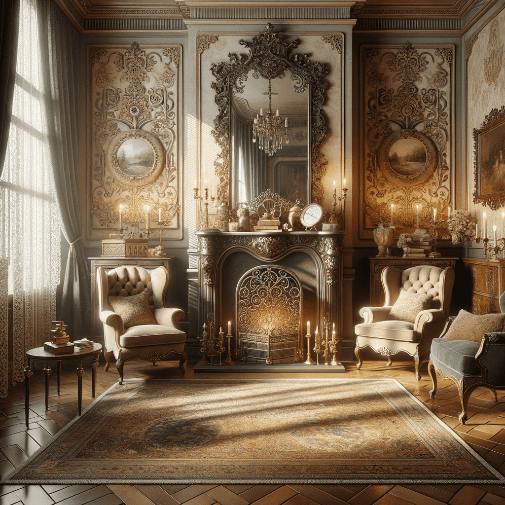 An ornate fireplace with a decorative metal screen set in a luxurious room with elaborate wall panels, antique mirrors, chandeliers, and elegant furniture. Sunlight filters through sheer curtains, casting a warm glow on the scene.