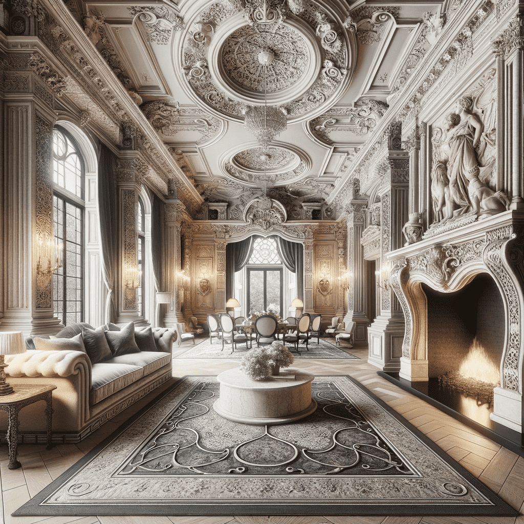 An opulent and ornately decorated room featuring a large, intricately carved fireplace with a glowing fire, surrounded by plush seating and classical architecture enhanced by elaborate moldings and chandeliers. A patterned area rug centers the space, contributing to the grand, historical ambiance.