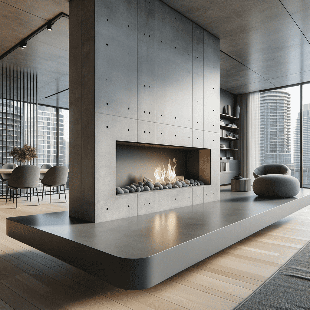Alt text: Contemporary living room with a minimalist fireplace set in a large gray concrete hearth, featuring an elevated and extended hearthstone platform. Fire is lit with decorative stones inside, and the room is furnished with modern decor and large windows offering city views.