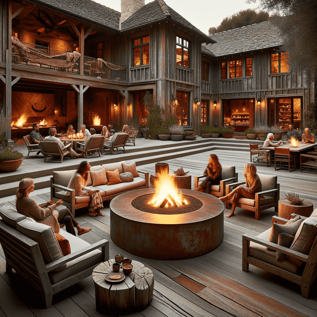 A cozy outdoor seating area with a large central circular fireplace surrounded by comfortable chairs, set against a backdrop of a rustic, luxurious two-story wooden home with multiple fireplaces visible. People are gathered around, enjoying the warmth and ambiance.