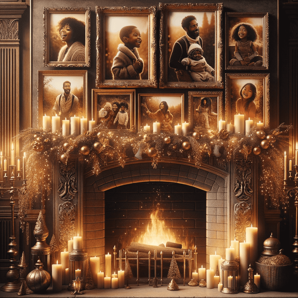 An ornately decorated fireplace hearth with a warm fire burning, surrounded by numerous lit candles and twinkling fairy lights. Framed photographs adorn the mantelpiece, adding a personal touch to the cozy ambiance.