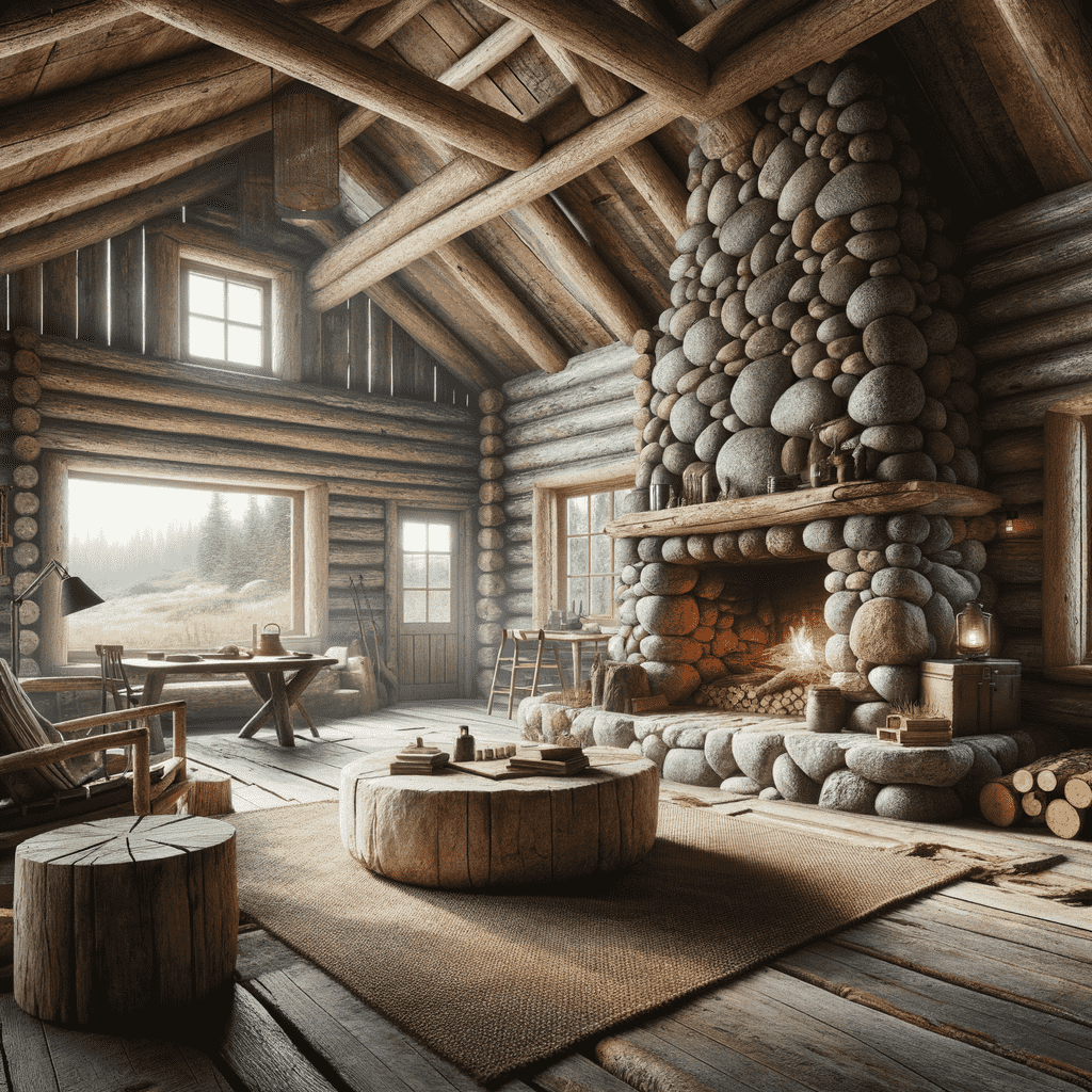 A cozy, rustic cabin interior with a large stone fireplace hearth and a wooden beamed ceiling. A round, central seating area with plush cushions is near the hearth, and logs are neatly stacked for the fire. Large windows offer a view of the natural landscape outside.