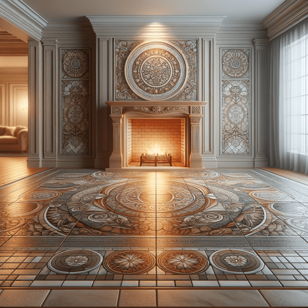 An ornately designed fireplace hearth with intricate tile patterns on the floor and surrounding mantle, featuring a glowing fire within the fireplace, set in a room with classic architectural details and soft lighting.