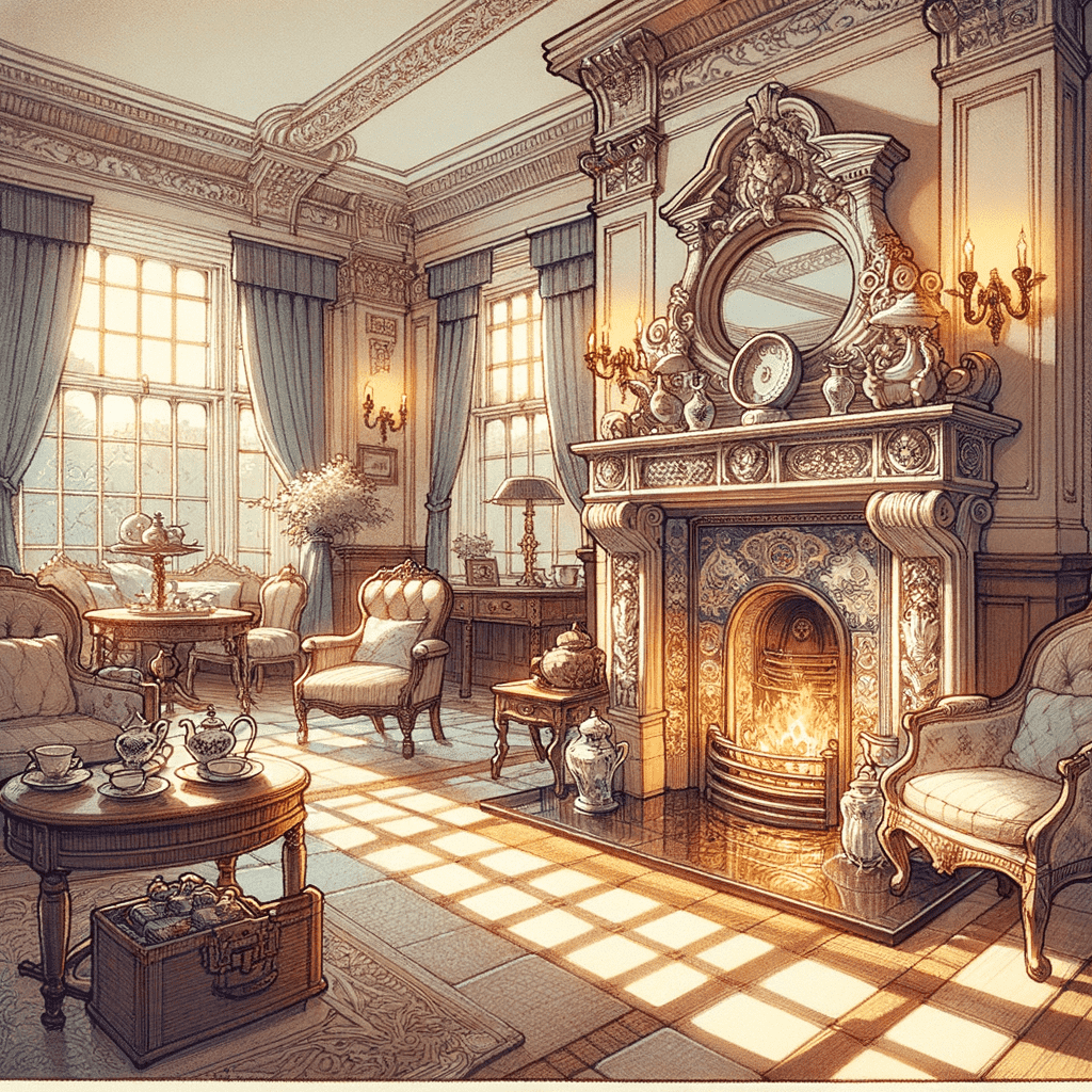 An ornate and cozy vintage room with a detailed fireplace hearth, featuring intricate blue and white tile work and a roaring fire, complemented by elegant furniture and warm, glowing lighting.