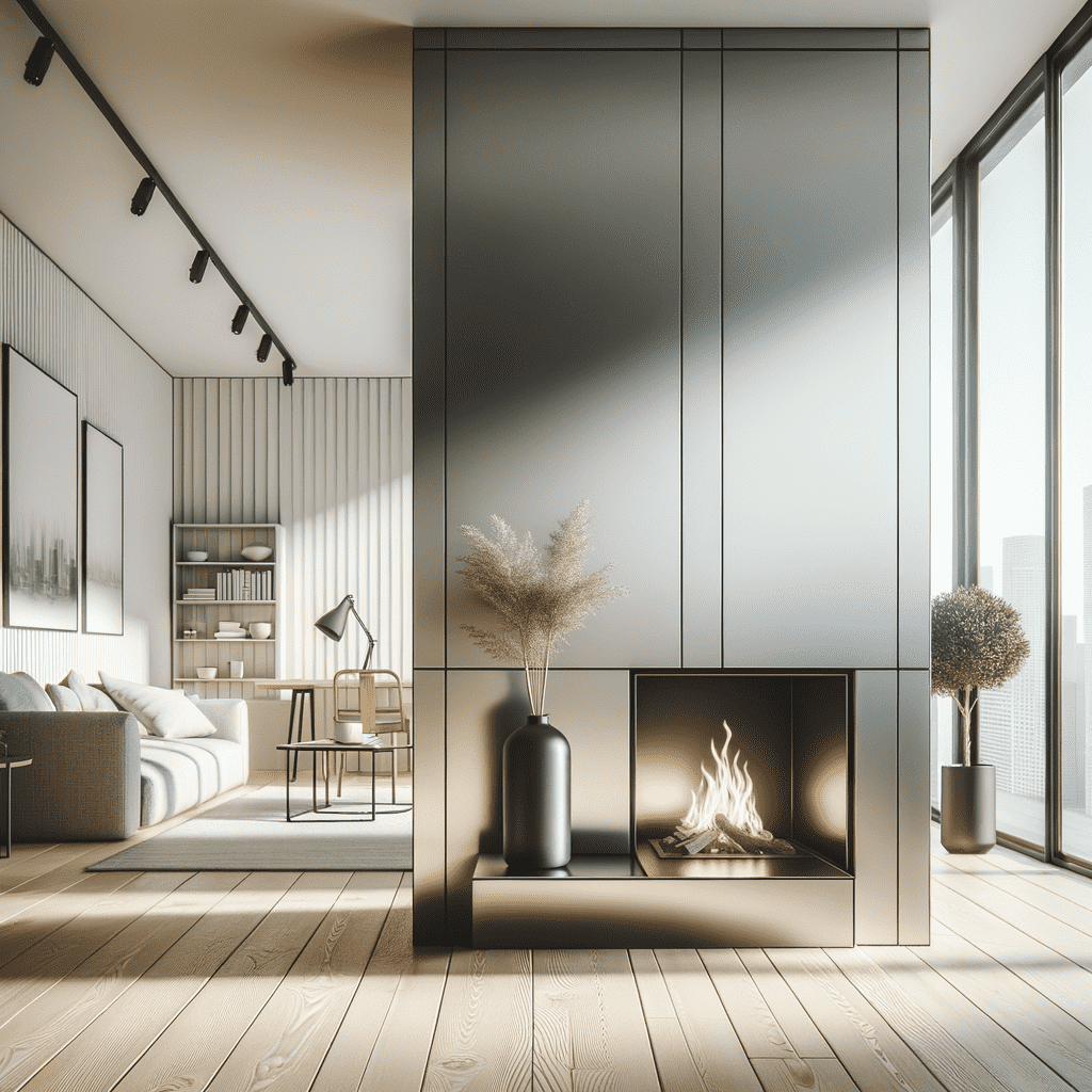 A modern and elegant living room with a sleek, built-in fireplace at the center of a minimalist feature wall, complemented by clean lines and contemporary furnishings. Large windows provide ample natural light, highlighting the warm wood flooring and the soft, neutral color palette.