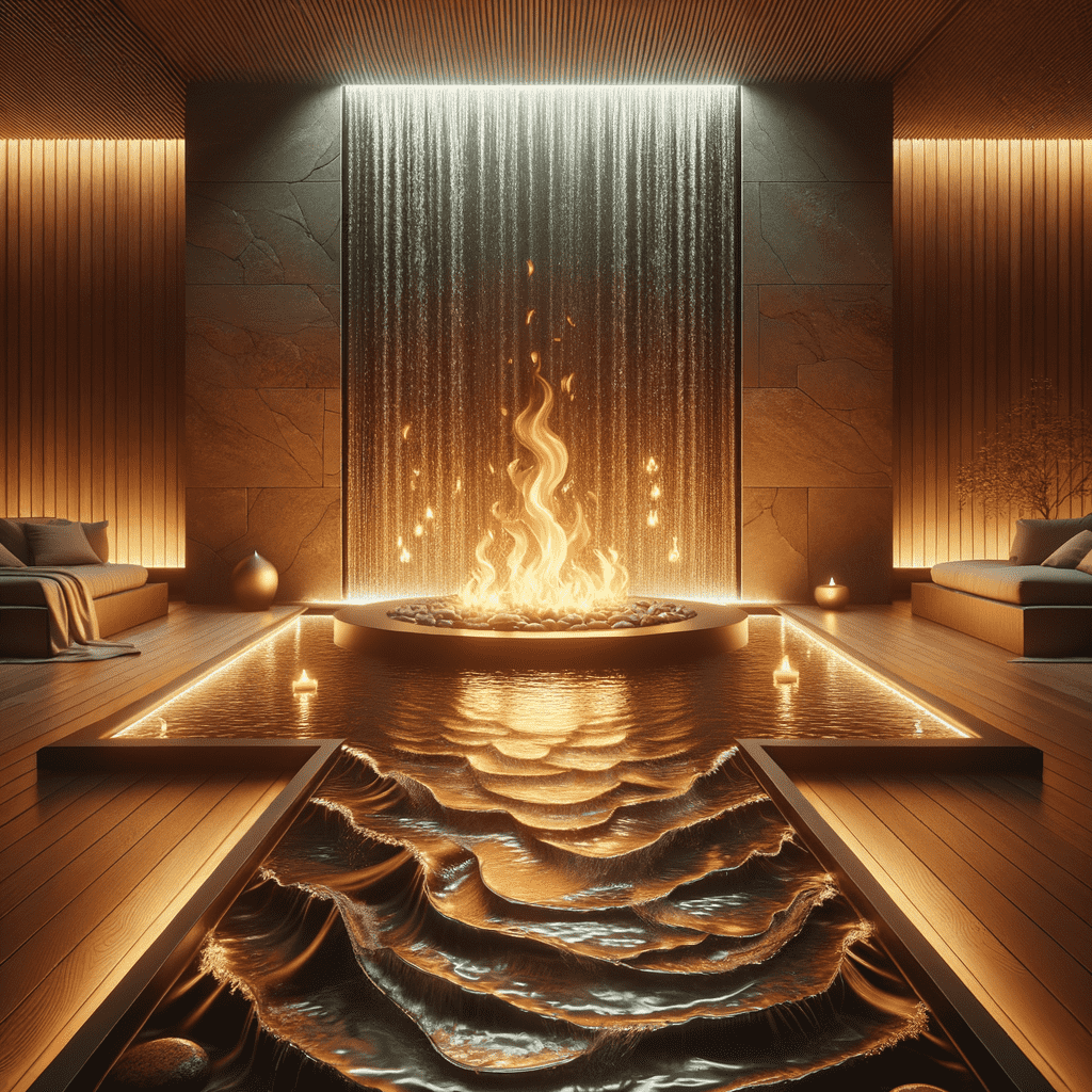 A modern and luxurious indoor fireplace set in the center of a room with a unique water feature resembling a waterfall behind it, and surrounded by a reflective pool, complemented by ambient lighting and sleek furniture.