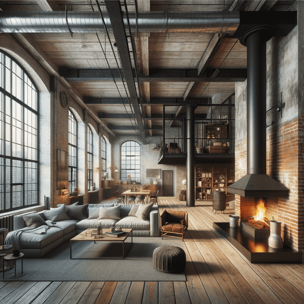 Alt text: A spacious industrial-style living room with a high ceiling, exposed wooden beams, and large windows. A modern fireplace with a metal chimney is situated in a brick hearth near a plush sectional sofa, creating a cozy atmosphere.