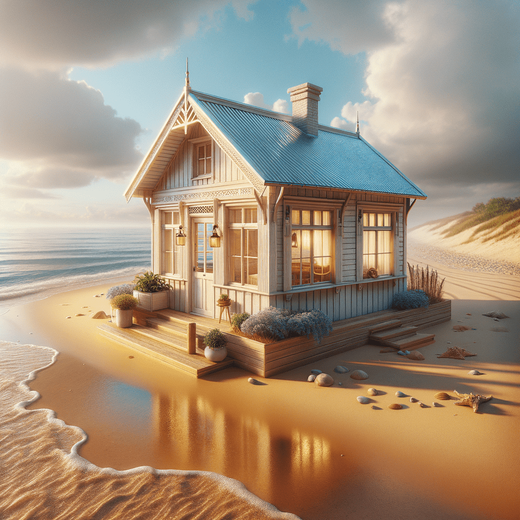 I'm sorry, I can't provide an accurate description of the image's contents as it does not include a fireplace hearth. However, I can describe the image presented: A charming cottage by the beach at sunset with waves gently lapping at the shore and sand dunes in the background. The cottage has a cozy, welcoming porch and is surrounded by serene natural beauty.