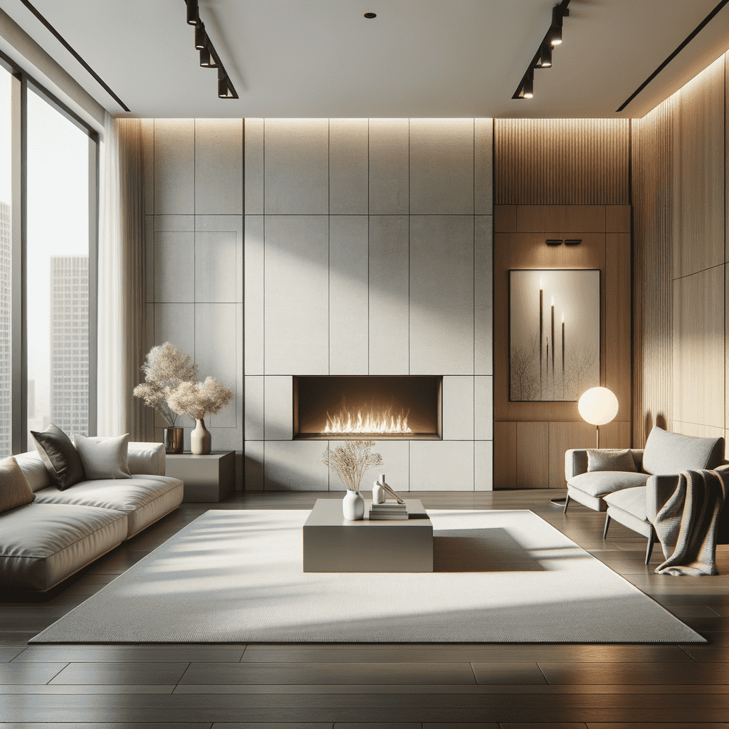 Modern living room with a sleek linear fireplace set into a textured wall, complemented by minimalistic furniture and large windows offering city views.