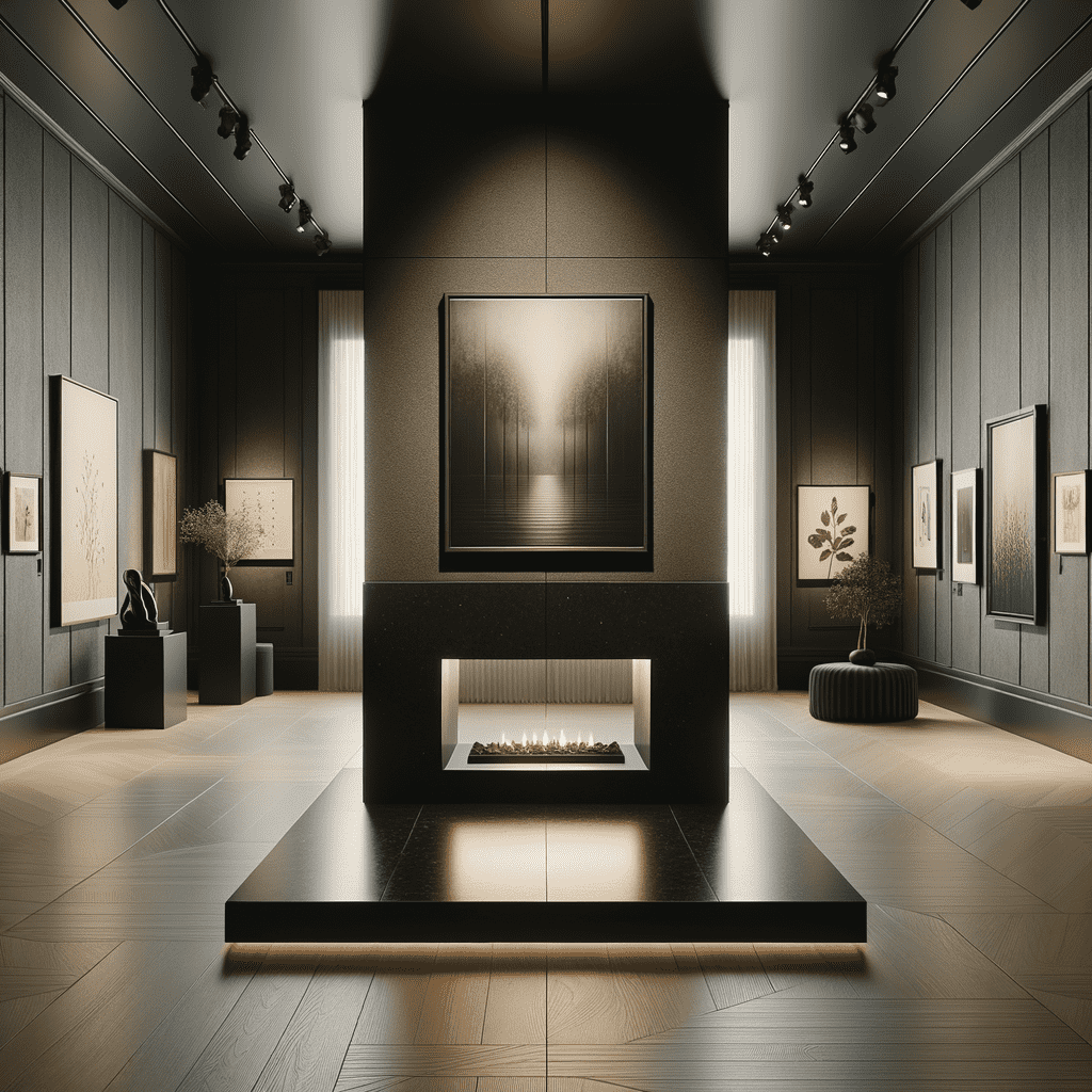 Modern minimalist fireplace hearth with a sleek black design set in a sophisticated room with wood-paneled walls and art displays.