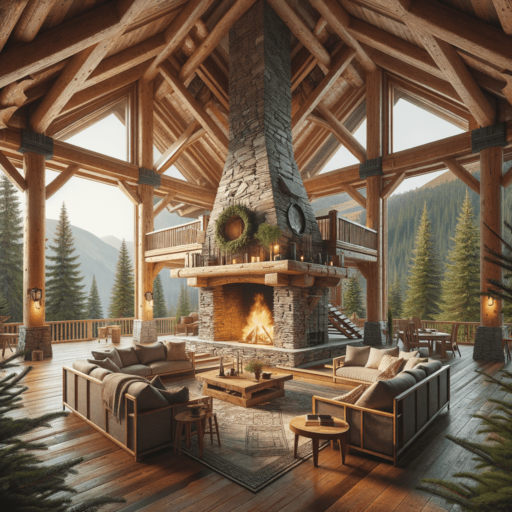 Rustic log cabin interior featuring a grand stone fireplace at the center, surrounded by cozy seating, with a view of the pine forest through large windows.