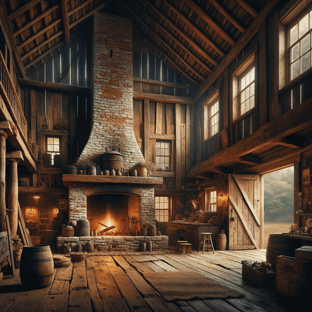 An inviting rustic cabin interior with a large stone fireplace hearth brightly lit by fire, wood-beamed ceilings, and warm lighting, emanating a cozy atmosphere.