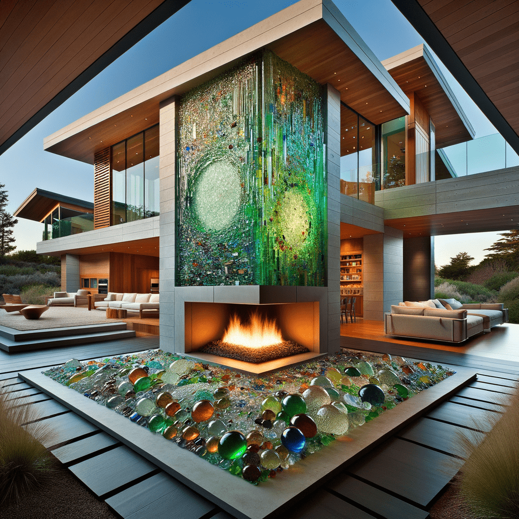 Contemporary fireplace with a unique hearth featuring an artistic arrangement of colorful glass orbs and a striking glass mosaic backdrop in a stylish living room with modern furnishings.