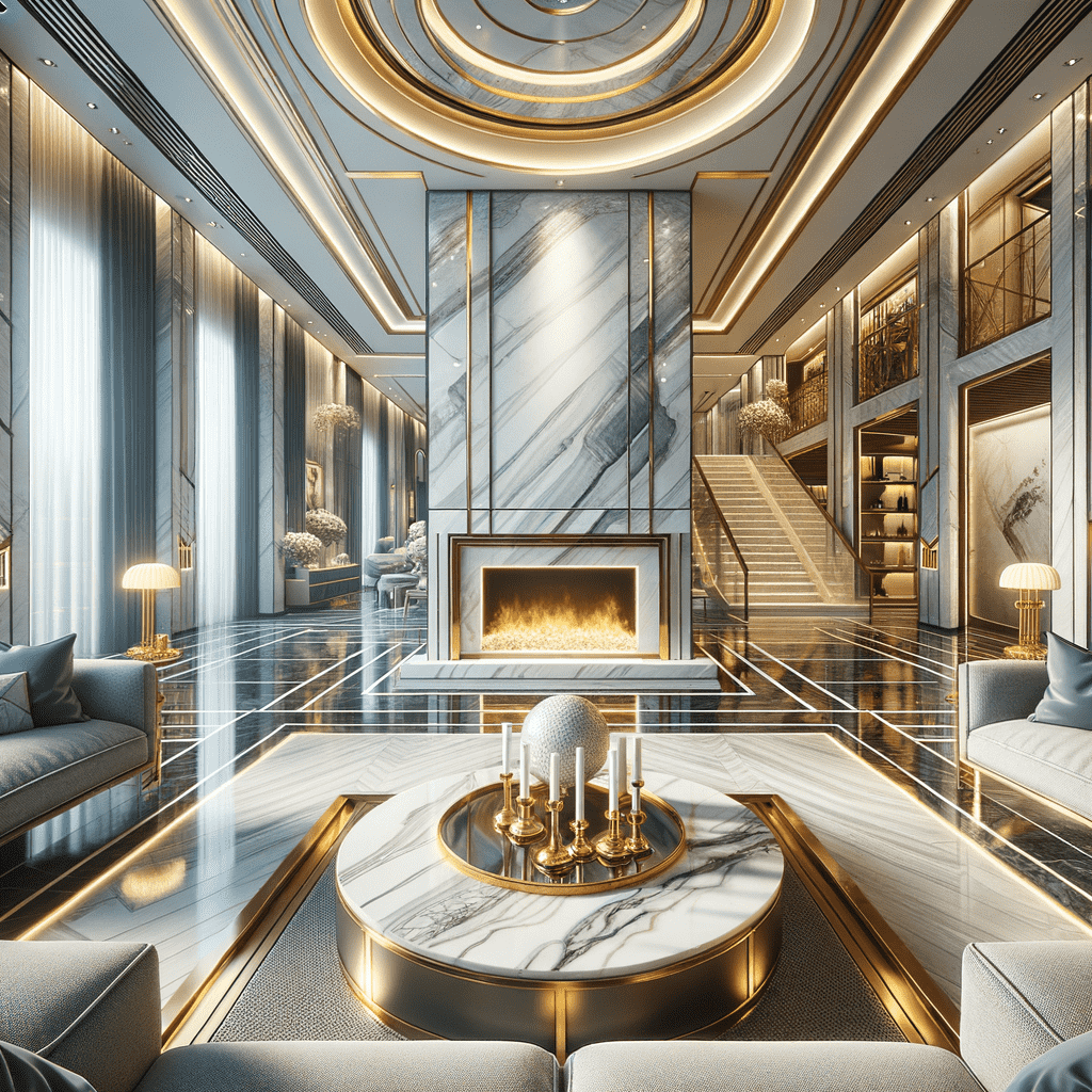 An opulent interior with a modern fireplace set into a marble wall, surrounded by a luxurious living space featuring golden accents, elegant furniture, and a sophisticated lighting scheme.