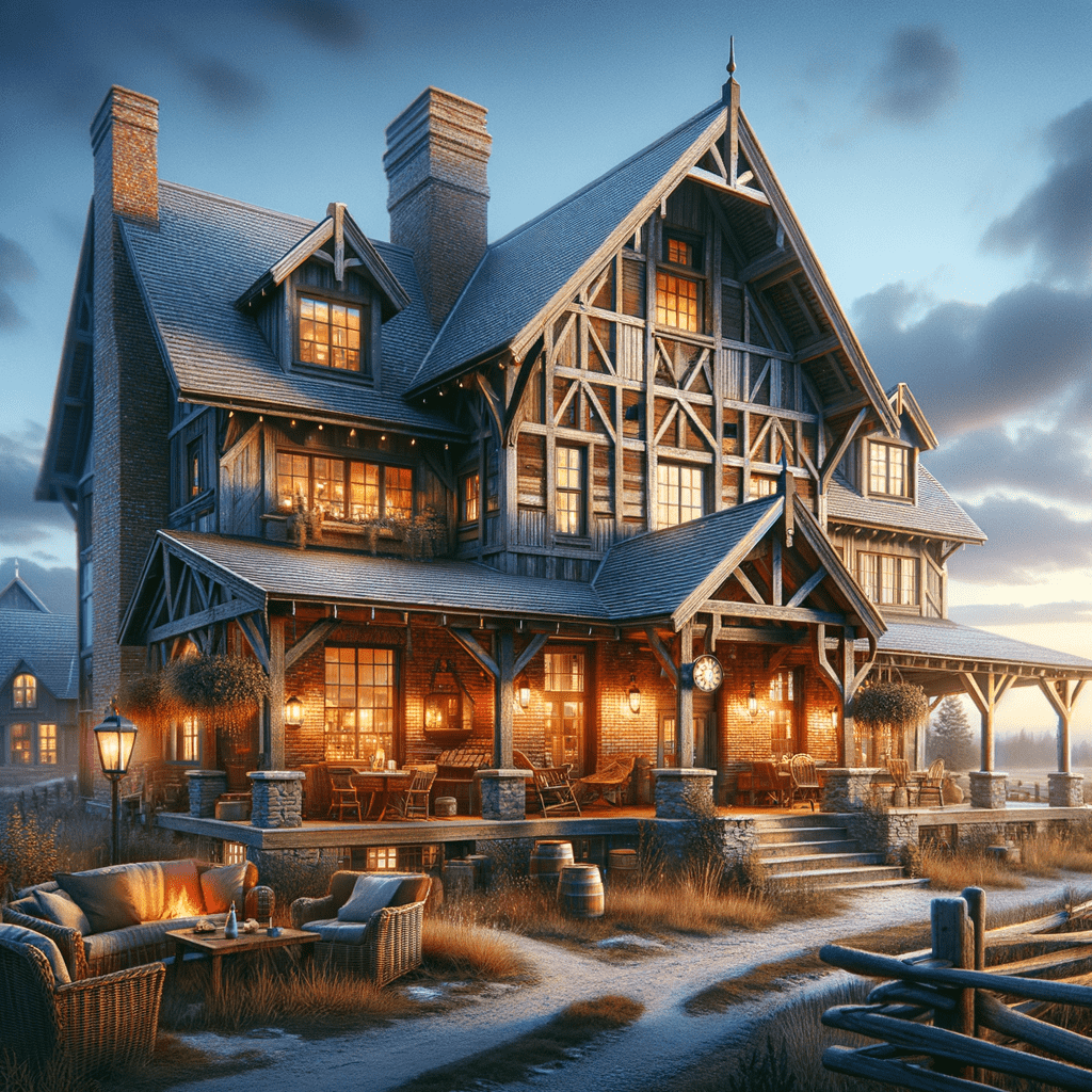 Alt text: A cozy twilight scene of a Tudor-style house with warm lighting inside and a lit fireplace outside on the hearth, surrounded by comfortable seating and rustic landscaping.