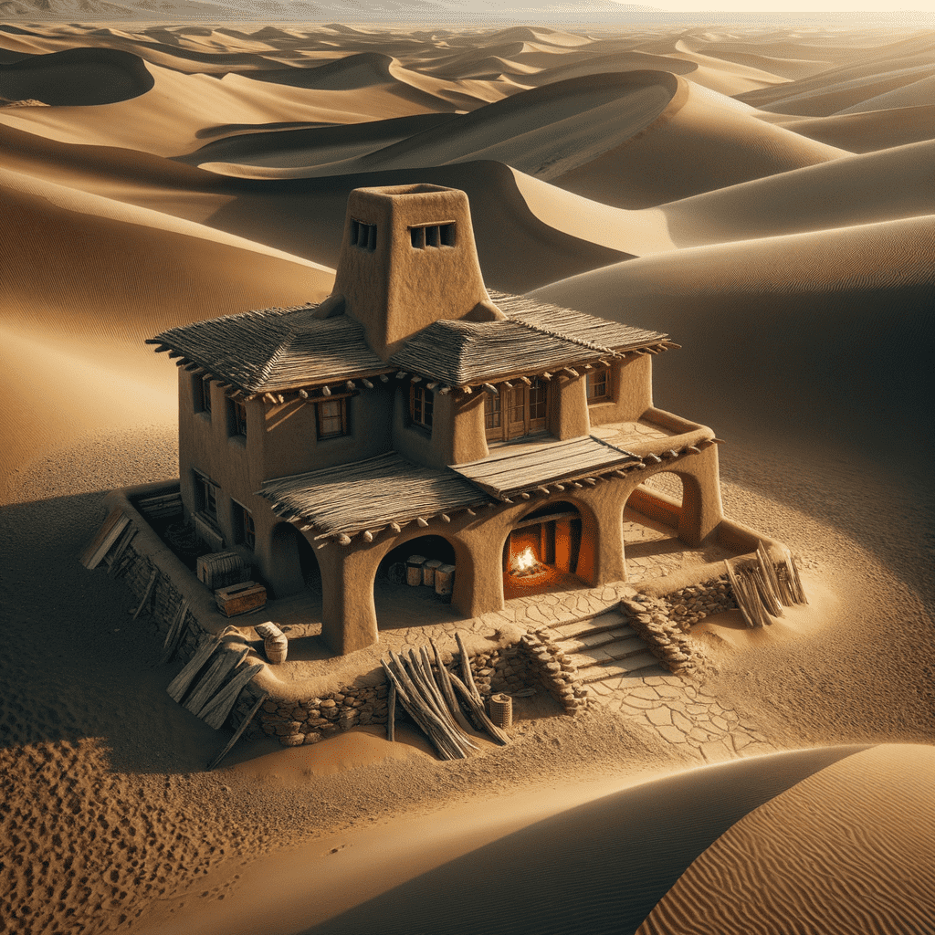 Illustration of a southwestern-style, adobe house with a glowing fireplace hearth nestled among undulating sand dunes during golden hour.