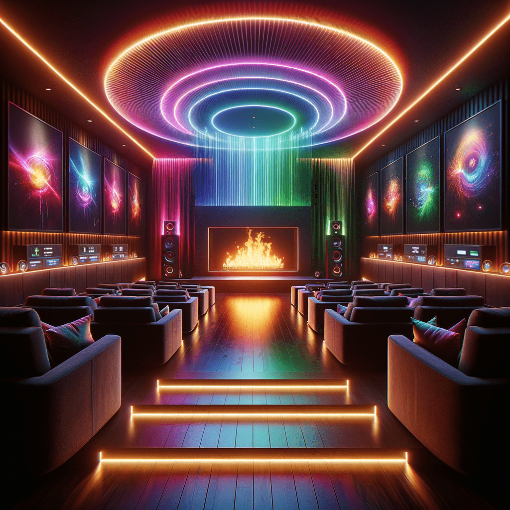 A modern and futuristic home theater room with a central fireplace, vibrant LED lighting along the walls and ceiling, plush cinema seating, and large, colorful cosmic-themed artwork.