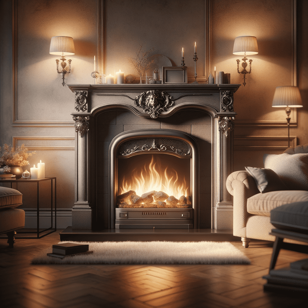 An elegant and cozy living room with a lit fireplace, surrounded by decorative candles on the mantelpiece and warm lighting from surrounding lamps, featuring classic furnishings and a plush rug in front of the hearth.