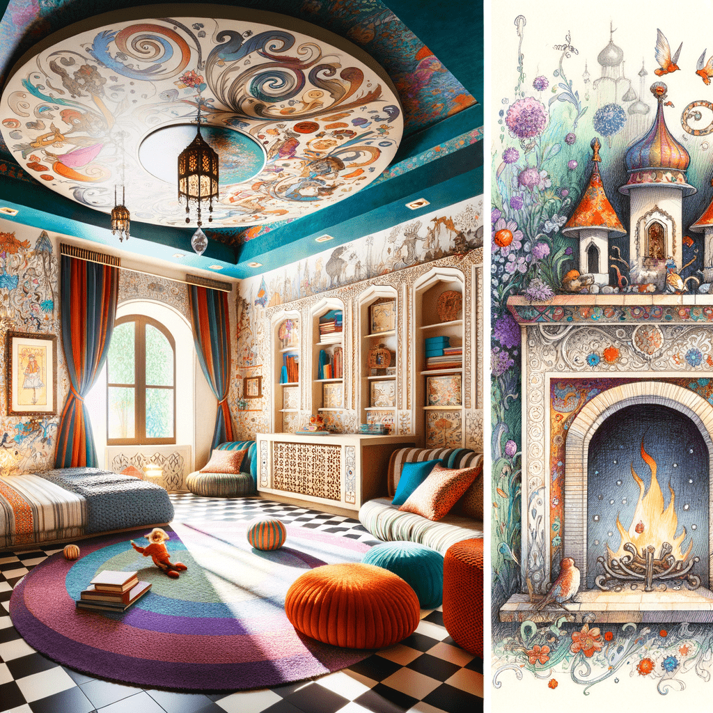 An ornately decorated room with a whimsical design, featuring a colorful fireplace hearth with intricate patterns and a fire blazing within. The room has a checkerboard floor, vibrant murals, and a ceiling with elaborate designs. Furnished with cozy seating and cushions, it exudes a magical, storybook ambiance.
