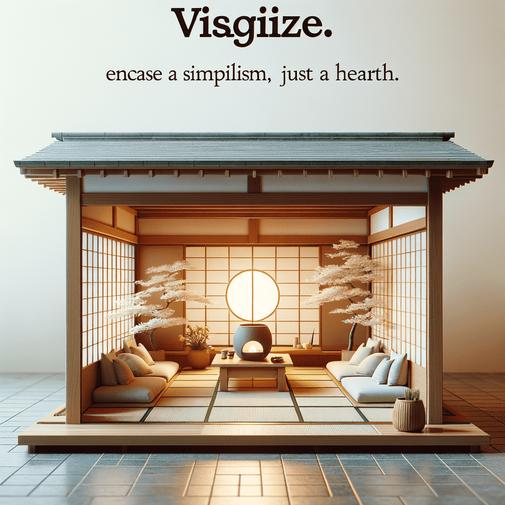 A minimalist Japanese-style living space with a central circular fireplace hearth, surrounded by tatami mats, low seating cushions, and delicate branches as decoration, all within a wooden-framed structure with a large, round window in the background.